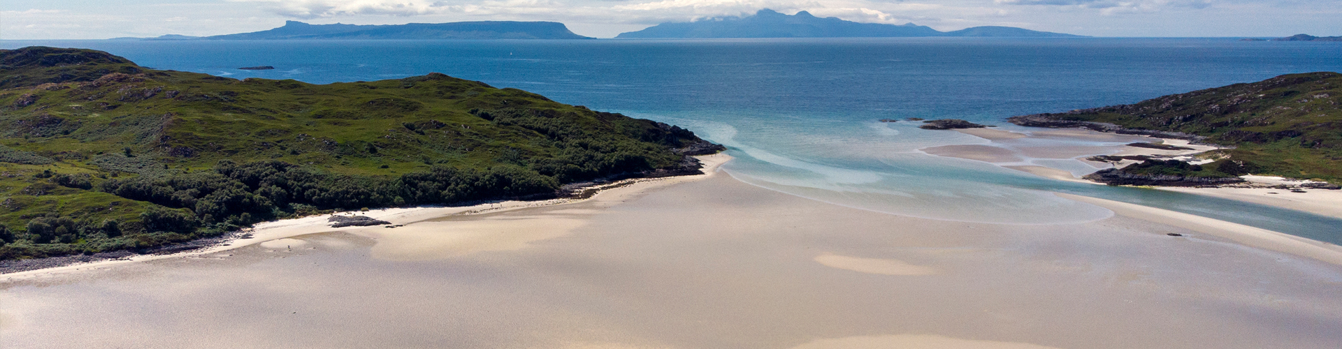 Morar Bay from the air with Eigg and Rum in the distance